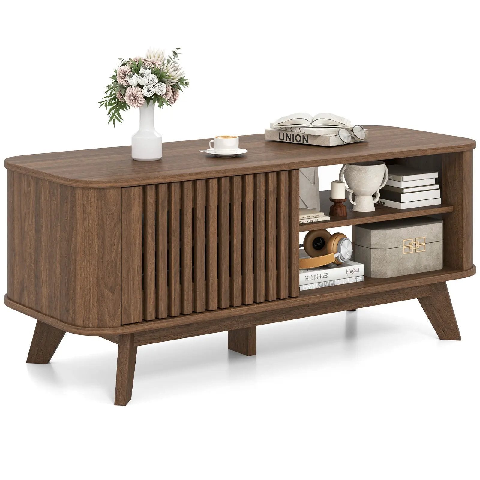Rectangular Coffee Table with Storage and Adjustable Shelves-Walnut by DirectDeals