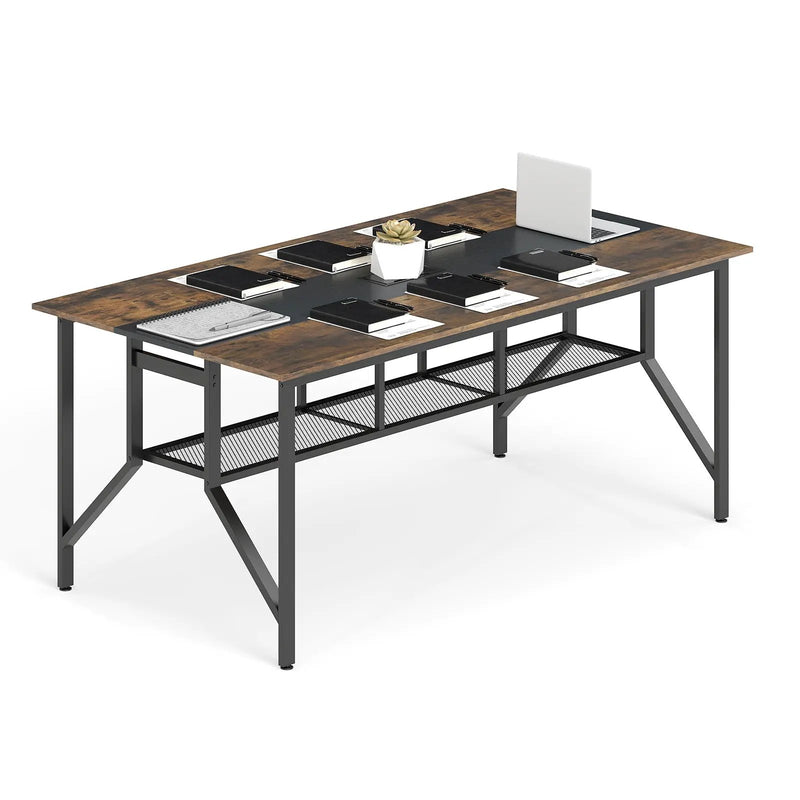 Rectangular Meeting Table with Mesh Storage Shelf and Cable Grommet-Rustic Brown by DirectDeals