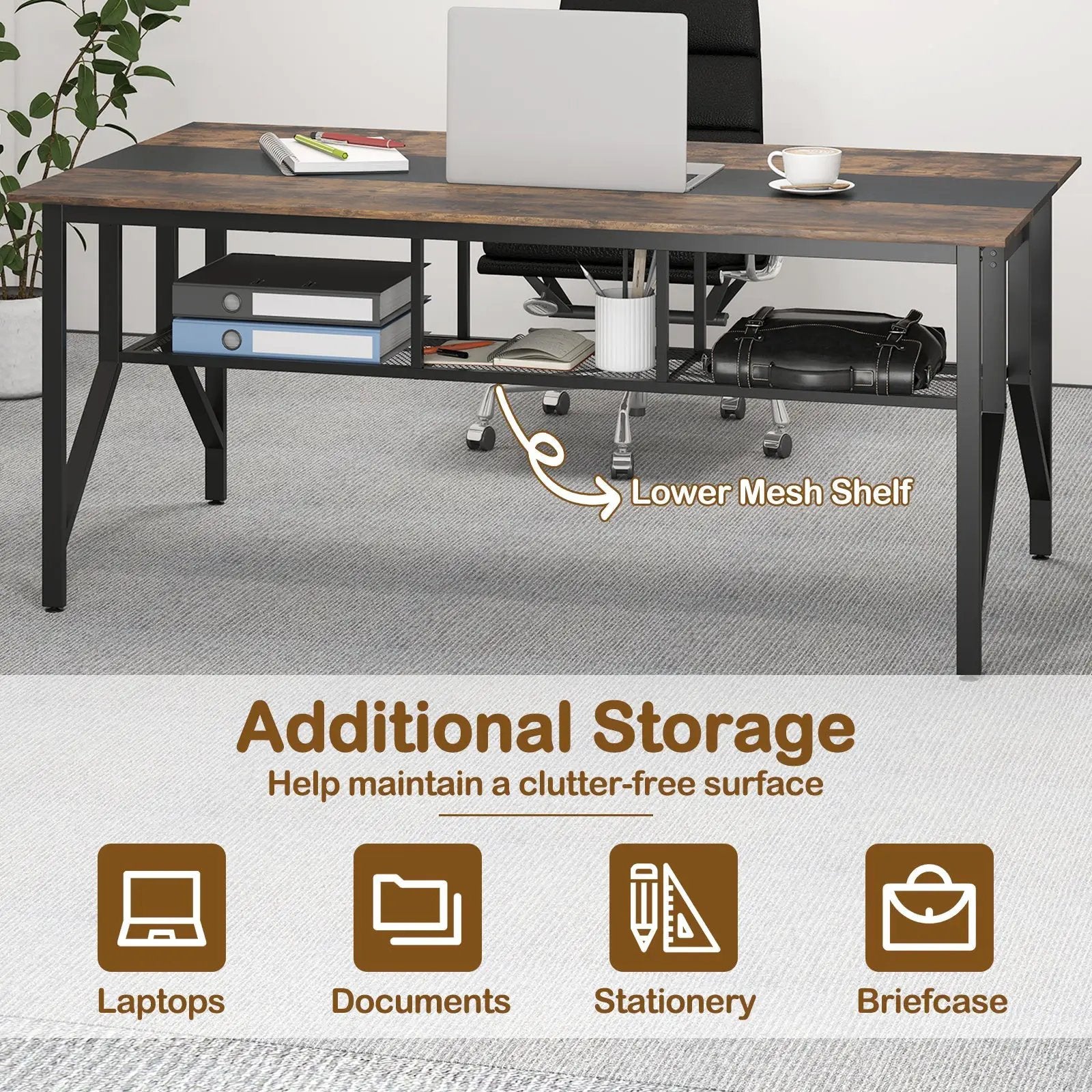 Rectangular Meeting Table with Mesh Storage Shelf and Cable Grommet-Rustic Brown by DirectDeals
