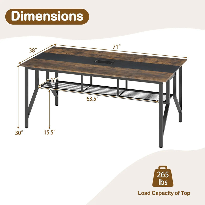 Rectangular Meeting Table with Mesh Storage Shelf and Cable Grommet-Rustic Brown by DirectDeals