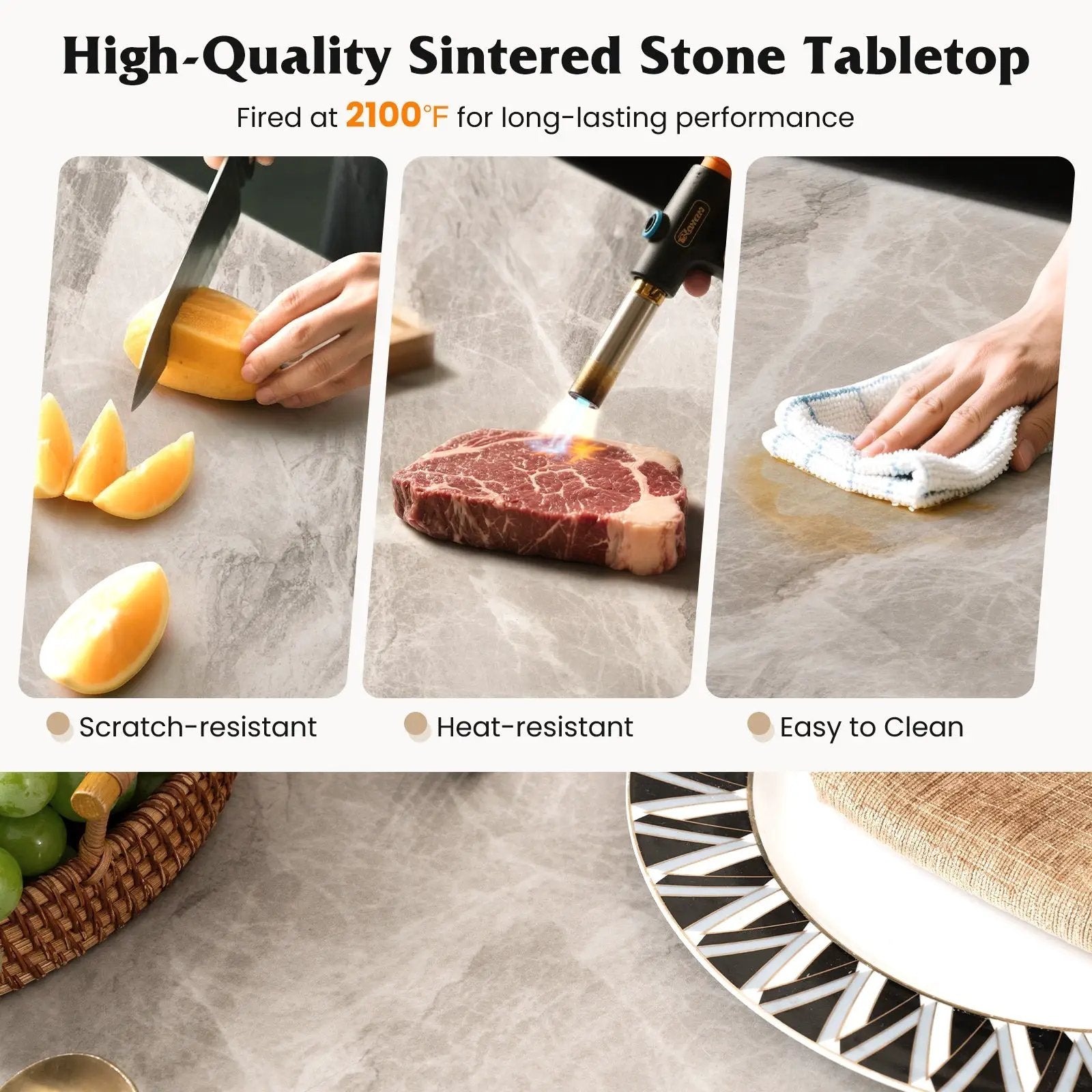 Rectangular Modern Sintered Stone Dining Table for 4 People-Grey by DirectDeals