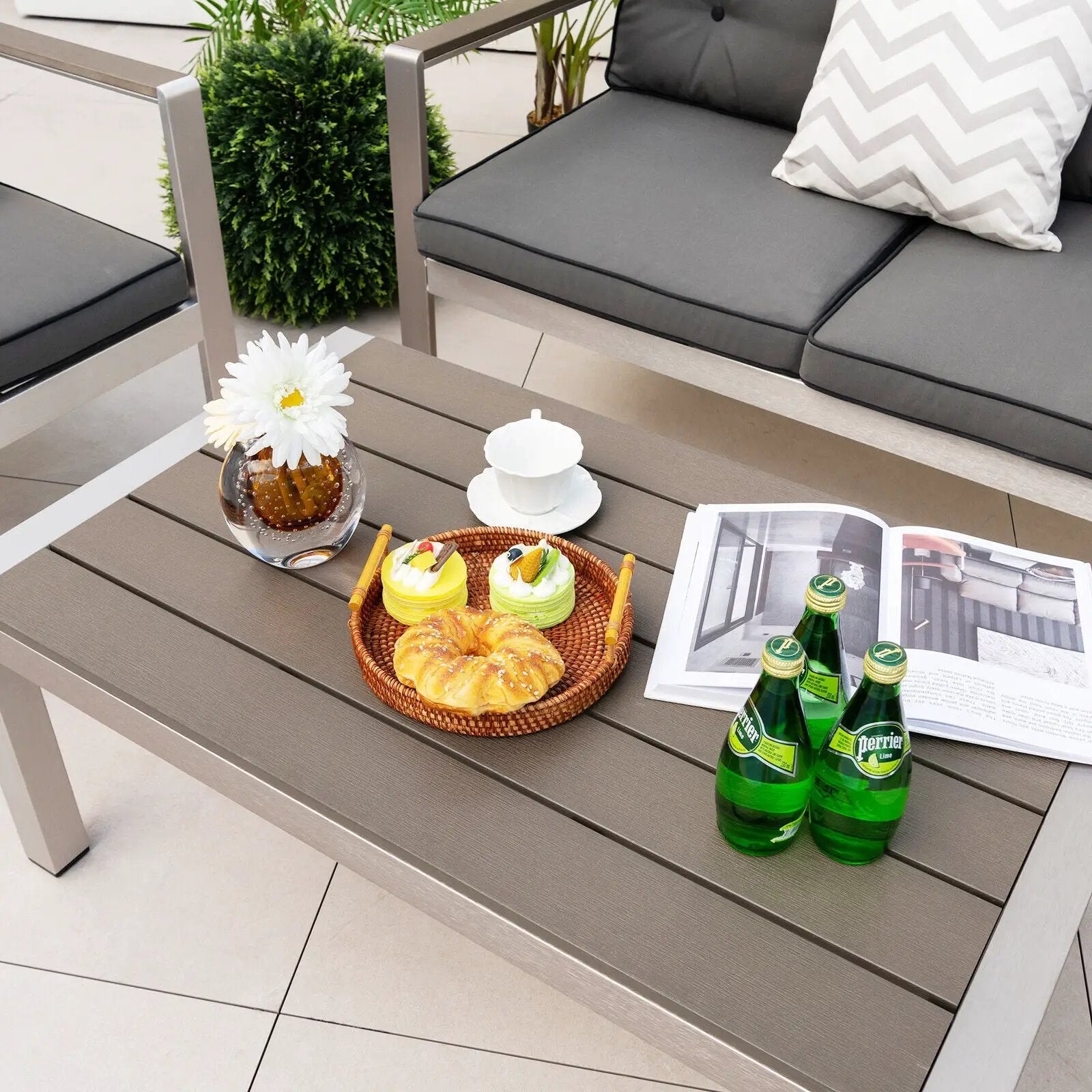 Modern Rectangular Patio Coffee Table with Plastic Wood Tabletop and Rustproof Aluminum Frame-Gray by DirectDeals