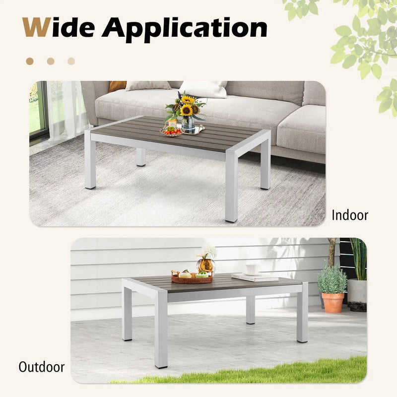 Modern Rectangular Patio Coffee Table with Plastic Wood Tabletop and Rustproof Aluminum Frame-Gray by DirectDeals