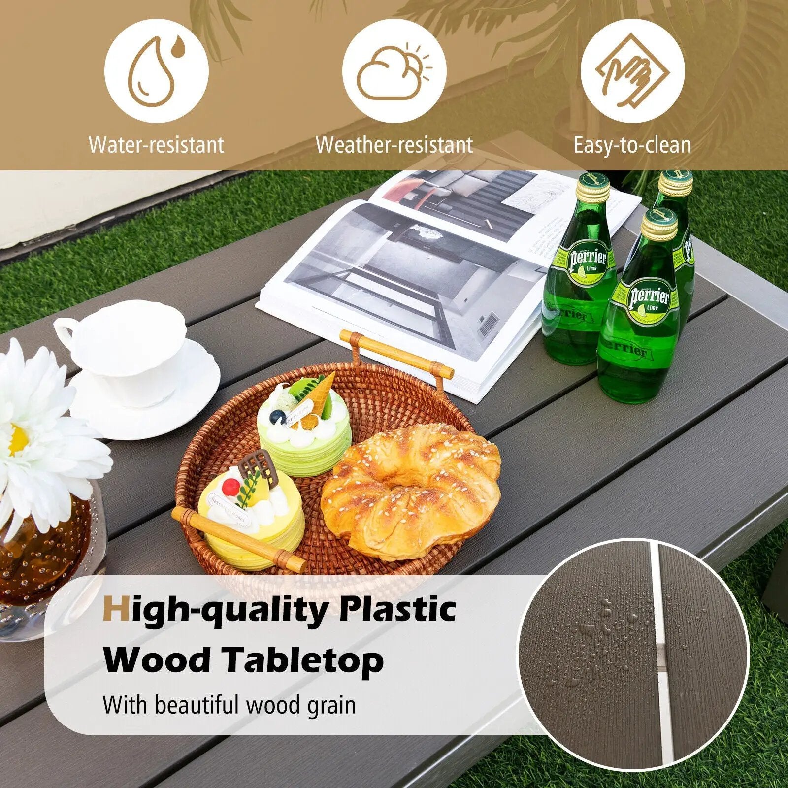 Modern Rectangular Patio Coffee Table with Plastic Wood Tabletop and Rustproof Aluminum Frame-Gray by DirectDeals