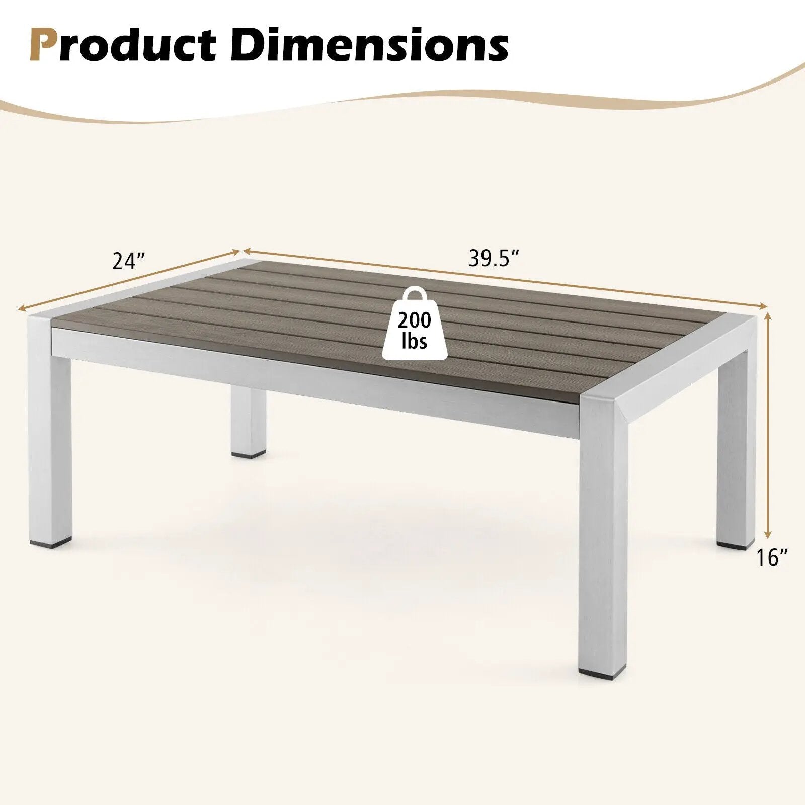 Modern Rectangular Patio Coffee Table with Plastic Wood Tabletop and Rustproof Aluminum Frame-Gray by DirectDeals