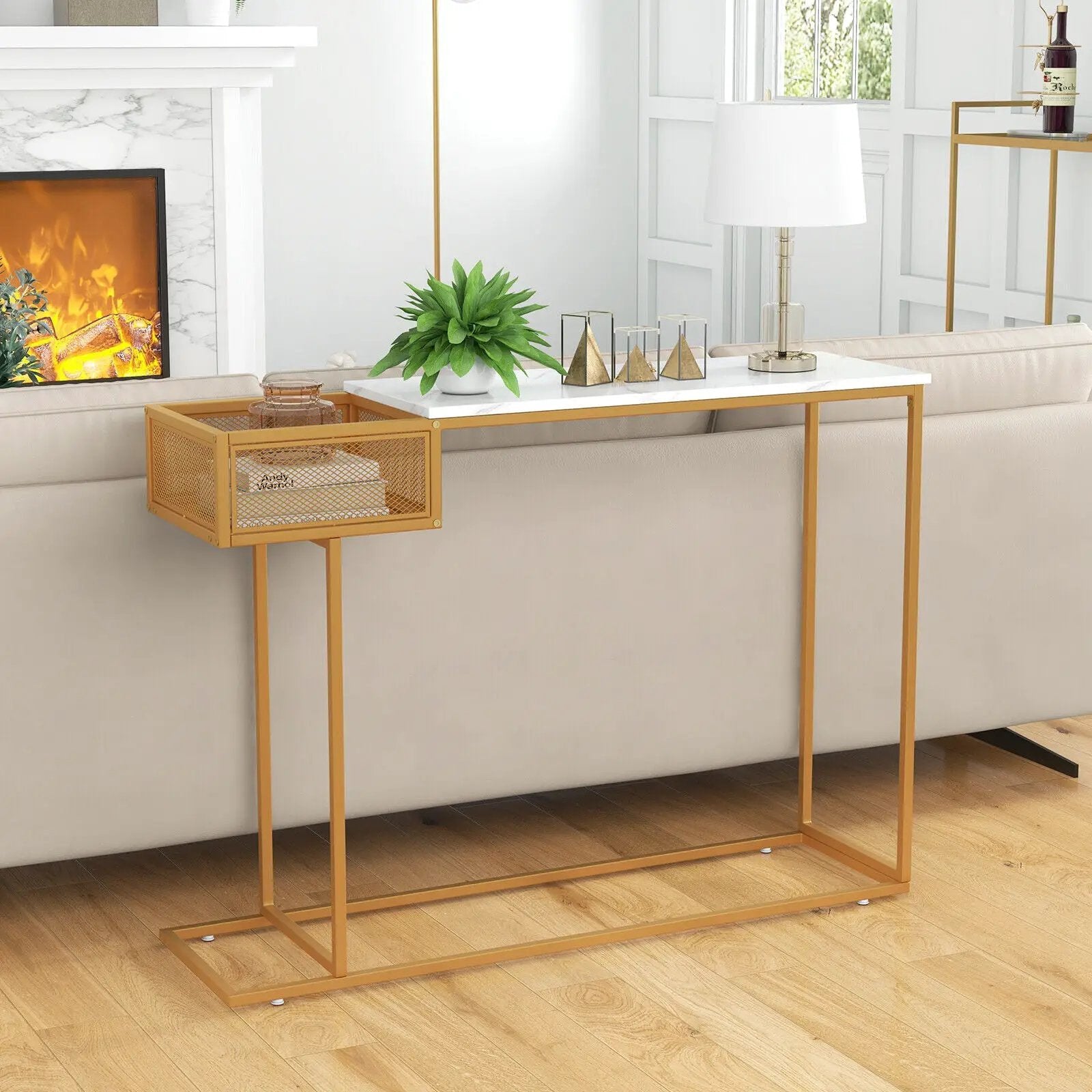 Rectangular White Faux Marble Console Table with Storage-Gold by DirectDeals