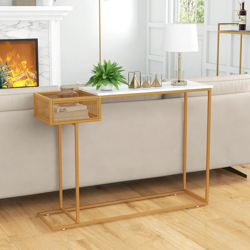 Rectangular White Faux Marble Console Table with Storage-Gold by DirectDeals