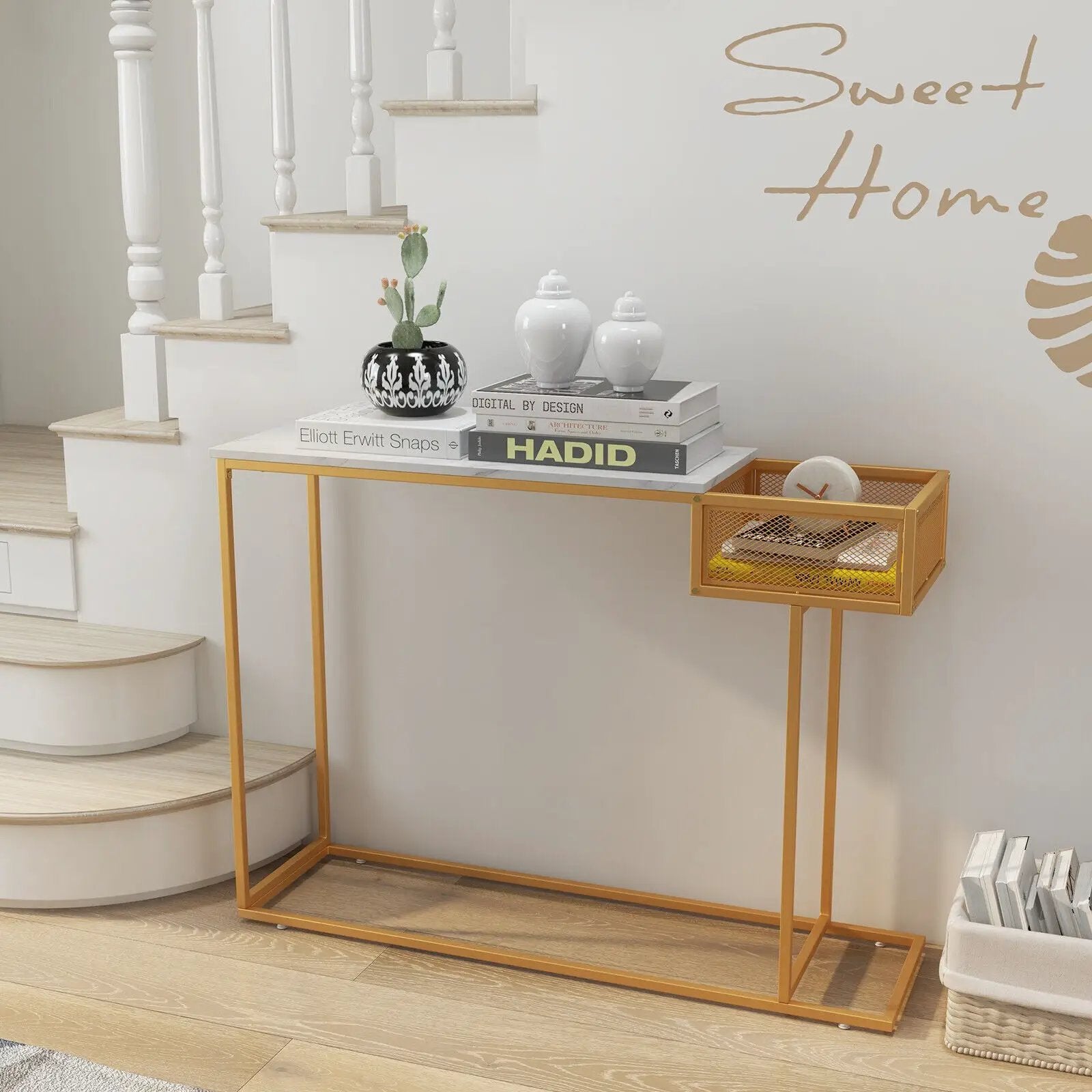 Rectangular White Faux Marble Console Table with Storage-Gold by DirectDeals