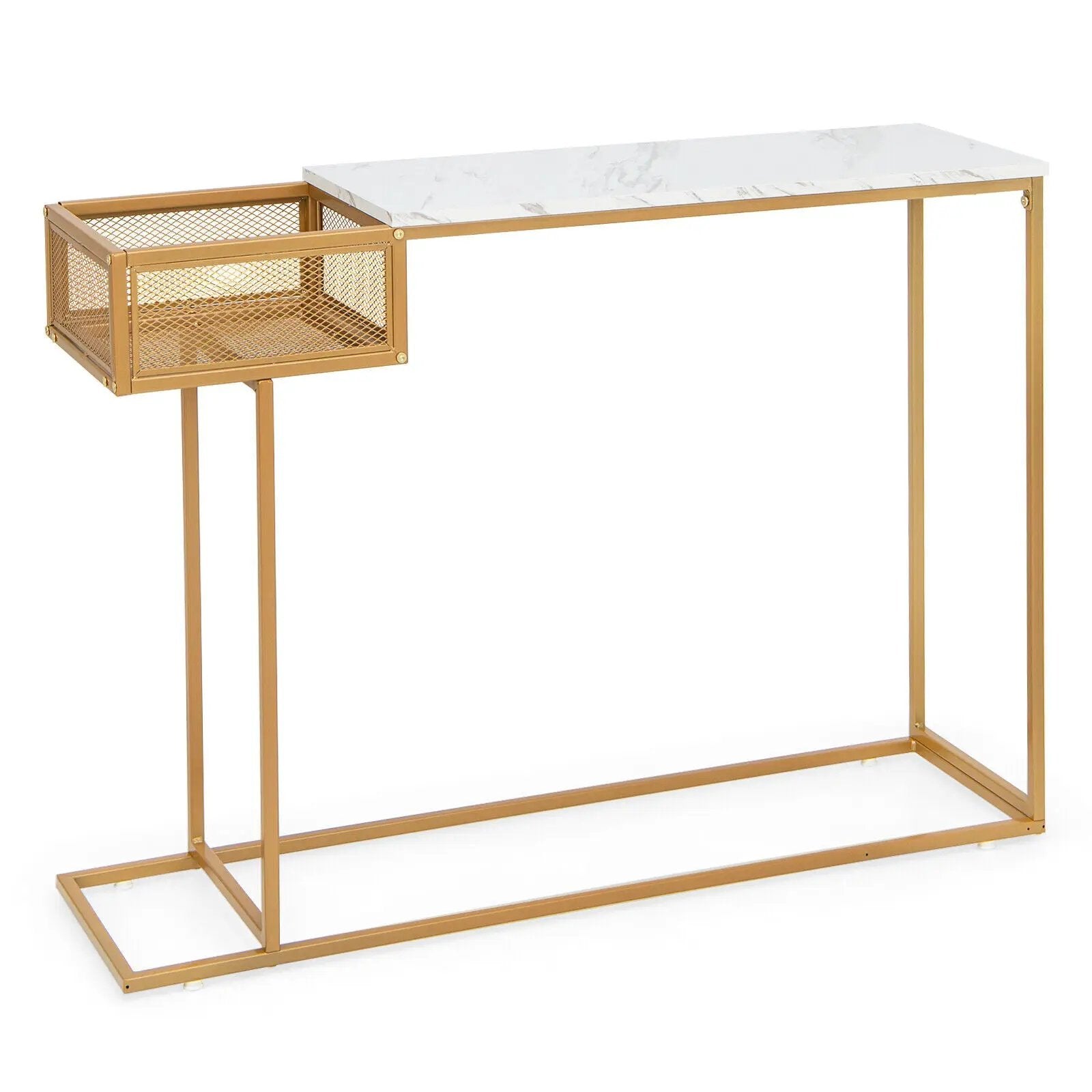 Rectangular White Faux Marble Console Table with Storage-Gold by DirectDeals