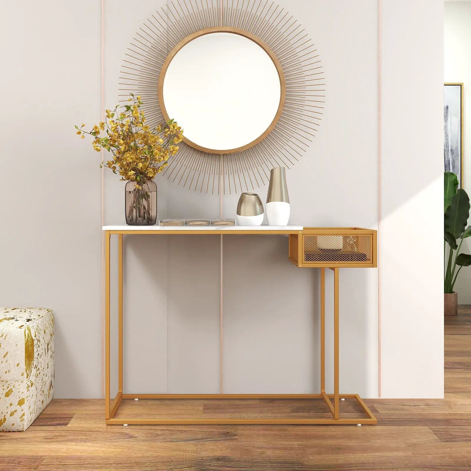 Rectangular White Faux Marble Console Table with Storage-Gold by DirectDeals
