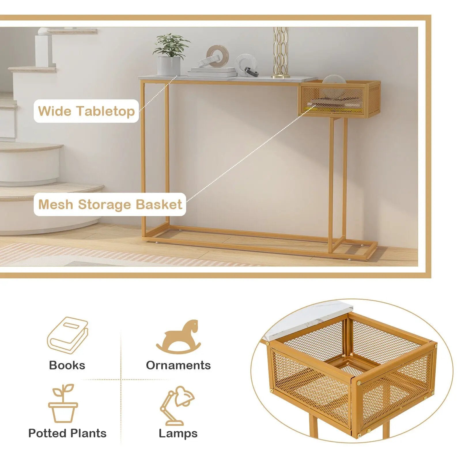 Rectangular White Faux Marble Console Table with Storage-Gold by DirectDeals