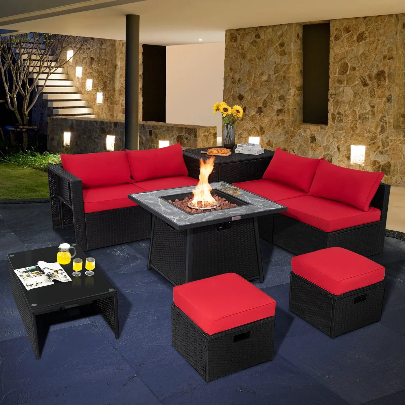 9 Pieces Outdoor Wicker Sectional with 35 Inch Gas Fire Pit Table by DirectDeals