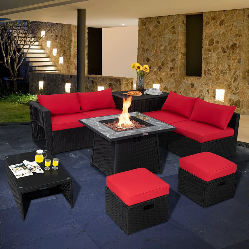 9 Pieces Outdoor Wicker Sectional with 35 Inch Gas Fire Pit Table by DirectDeals