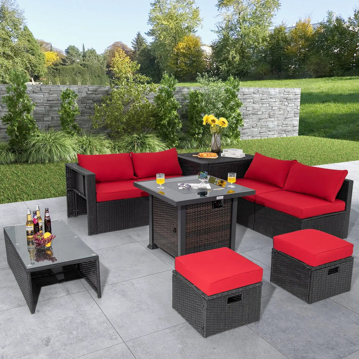 9 Pieces Patio Furniture Set with 32‚Äù Fire Pit Table and 50000 BTU Square Propane Fire Pit by DirectDeals