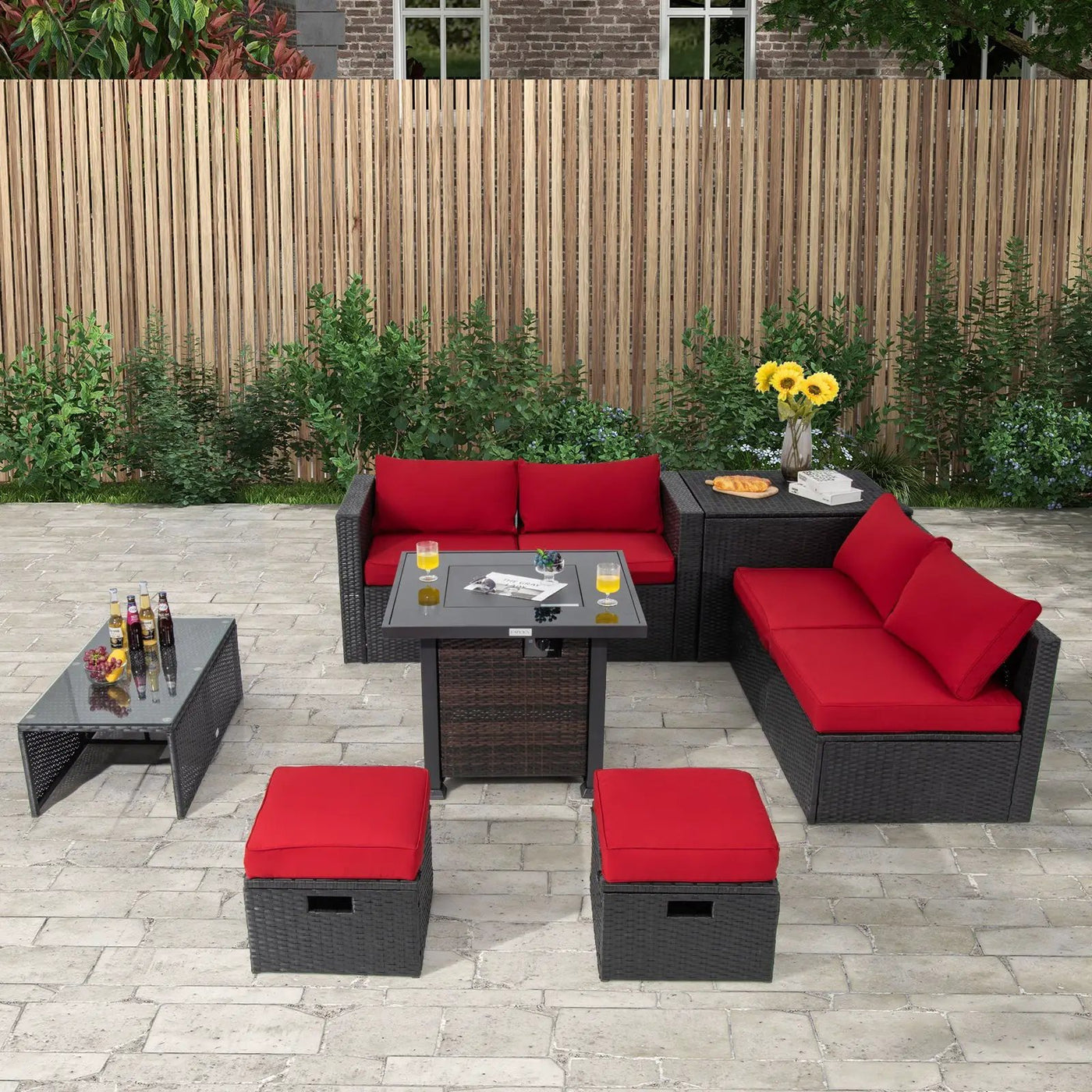 9 Pieces Patio Furniture Set with 32‚Äù Fire Pit Table and 50000 BTU Square Propane Fire Pit by DirectDeals