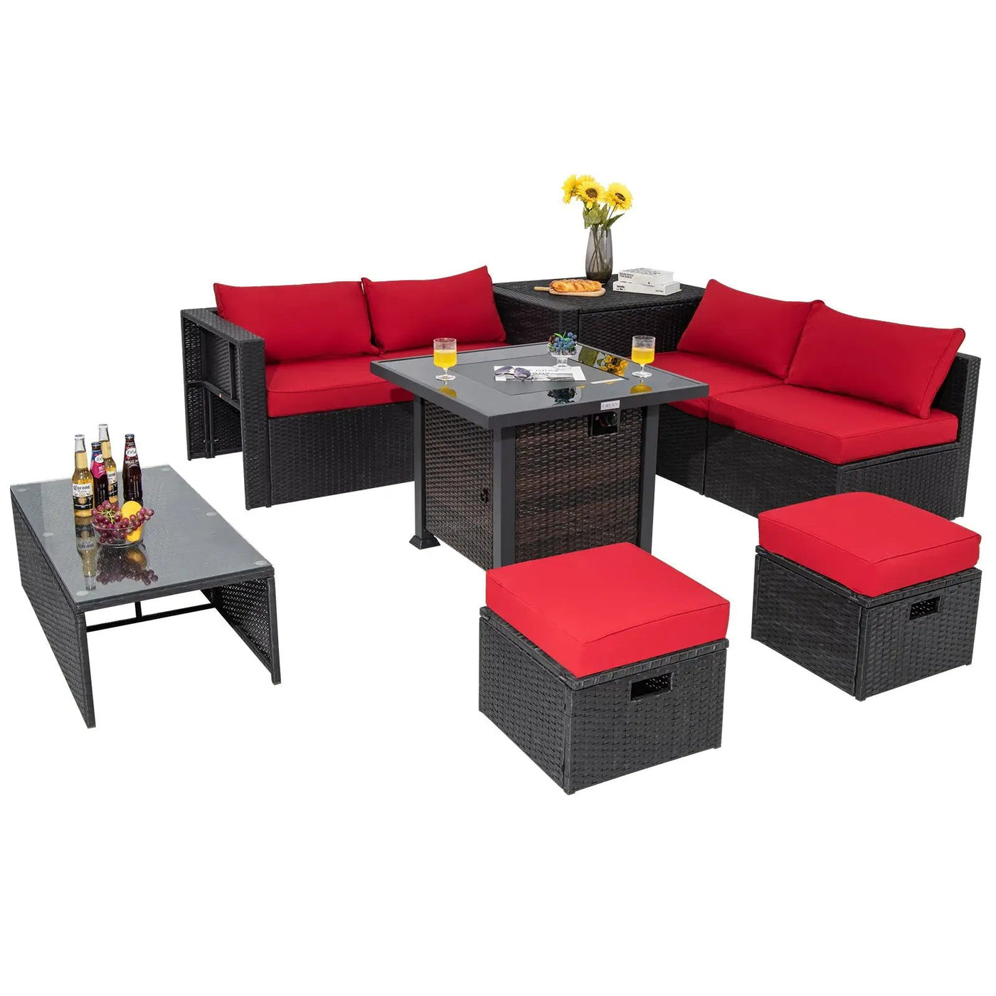 9 Pieces Patio Furniture Set with 32‚Äù Fire Pit Table and 50000 BTU Square Propane Fire Pit by DirectDeals