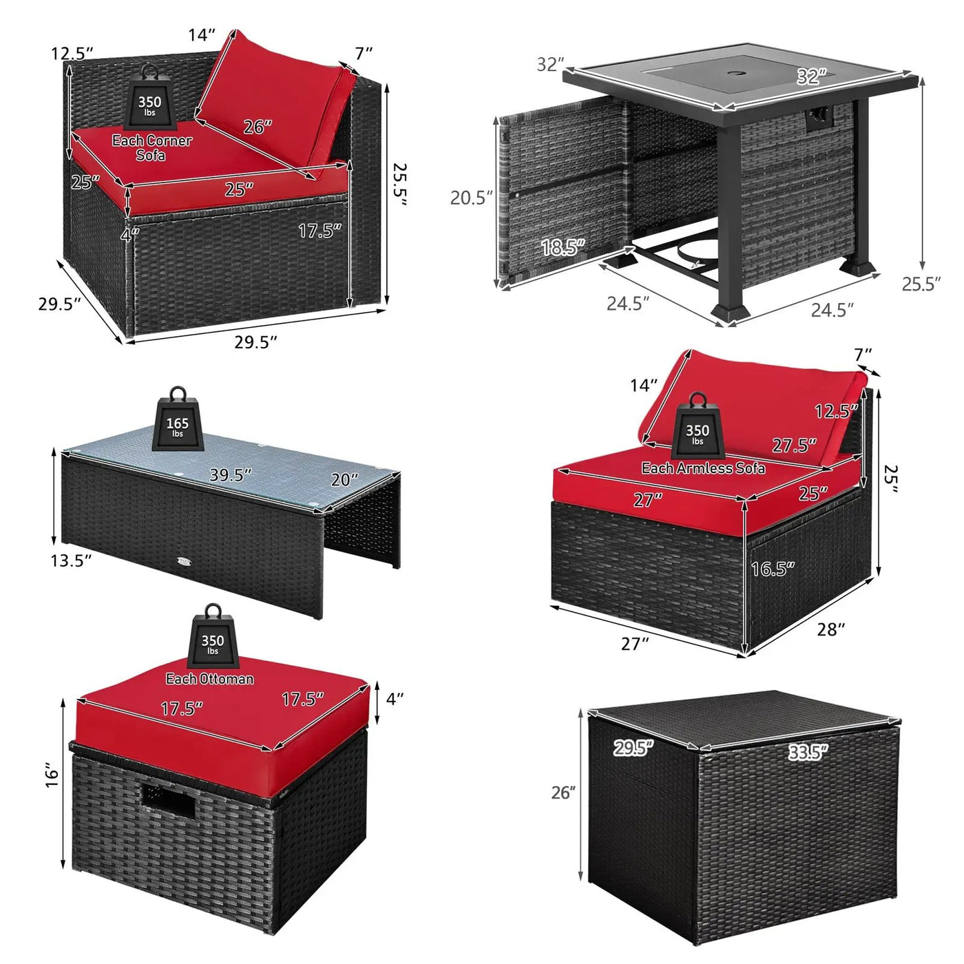 9 Pieces Patio Furniture Set with 32‚Äù Fire Pit Table and 50000 BTU Square Propane Fire Pit by DirectDeals