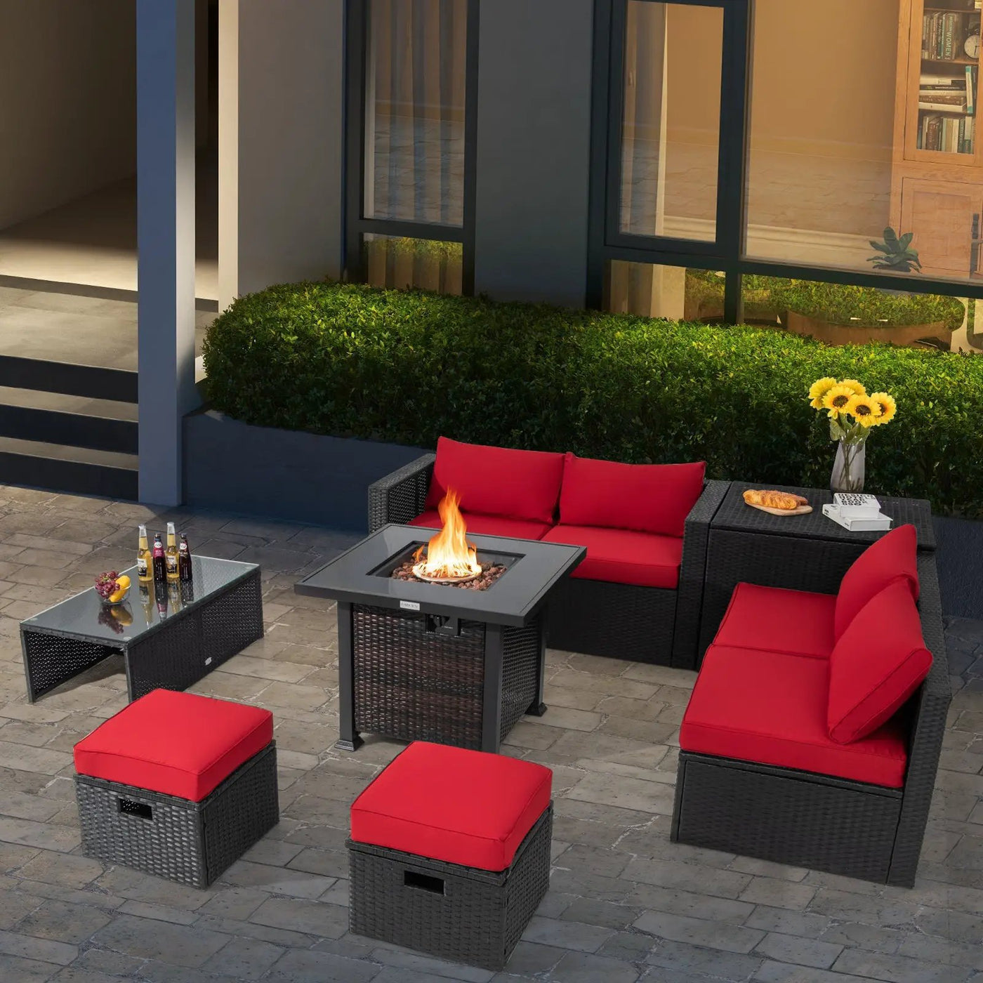 9 Pieces Patio Furniture Set with 32‚Äù Fire Pit Table and 50000 BTU Square Propane Fire Pit by DirectDeals