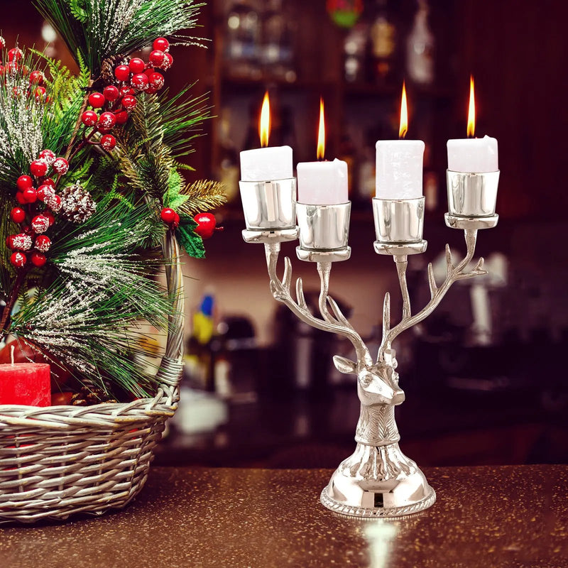 Reindeer Candle Holder Christmas Ornament for 4 Candles Aluminum Decoration-Silver by DirectDeals