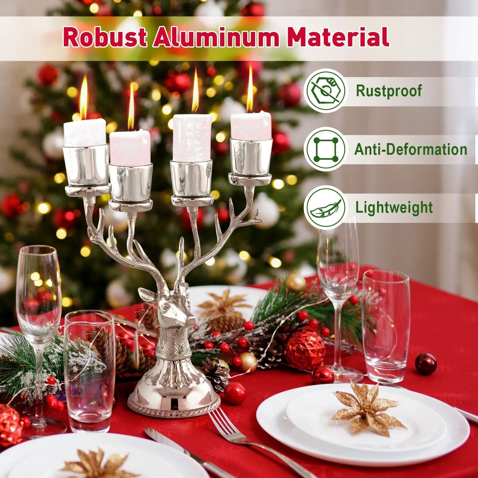 Reindeer Candle Holder Christmas Ornament for 4 Candles Aluminum Decoration-Silver by DirectDeals
