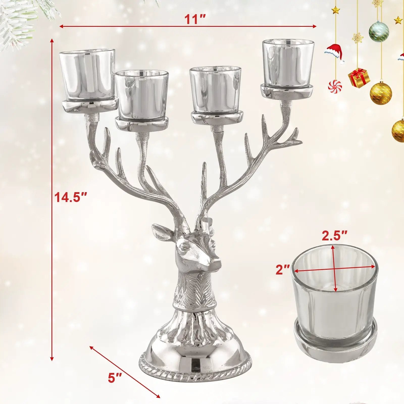 Reindeer Candle Holder Christmas Ornament for 4 Candles Aluminum Decoration-Silver by DirectDeals