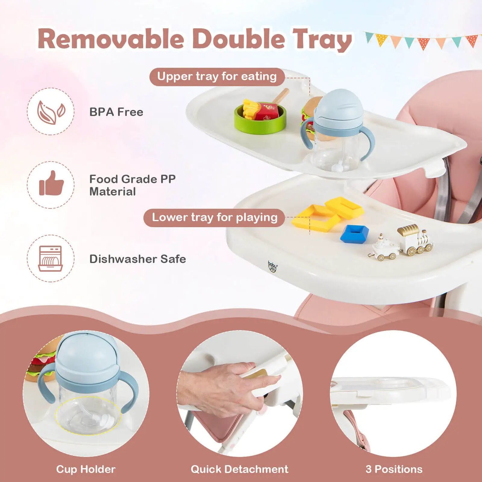 4-in-1 Foldable Baby High Chair with 7 Adjustable Heights and Free Toys Bar by DirectDeals