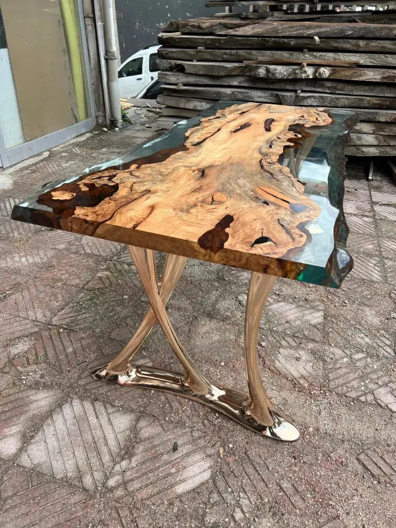 Natural Epoxy Side Dining Table Made Of Linden Wood | Aluminum Legs Featured by Gizz