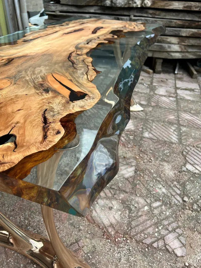 Natural Epoxy Side Dining Table Made Of Linden Wood | Aluminum Legs Featured by Gizz