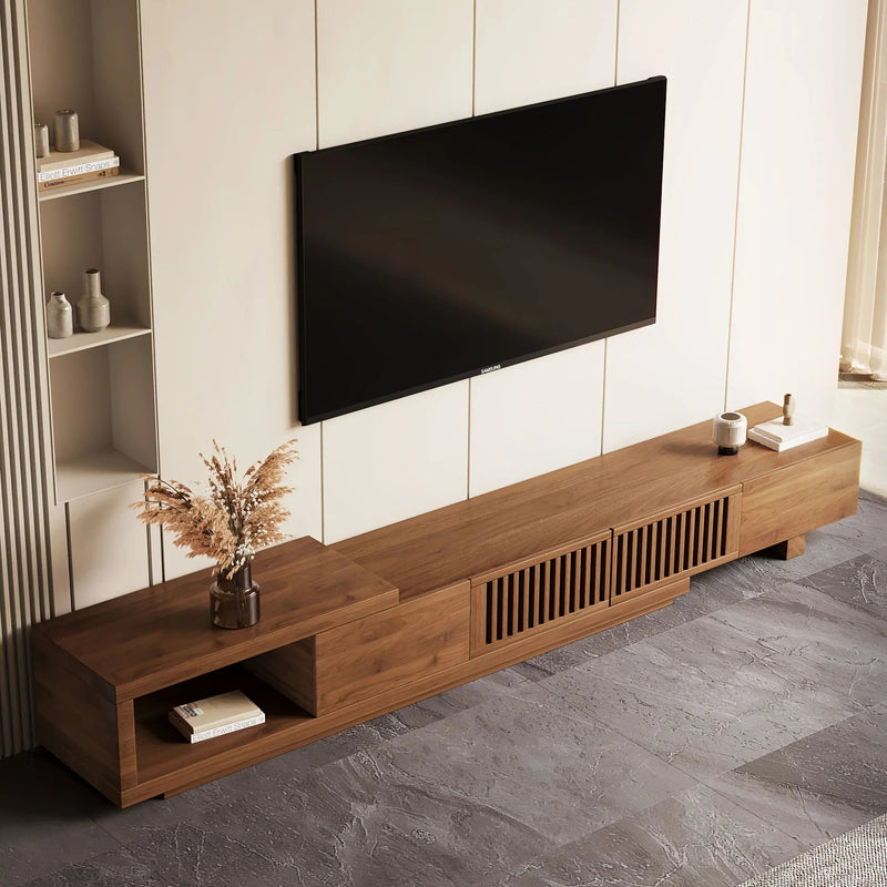 Retractable Grid TV Cabinet Walnut 198.12-261.62 cm Extension Modern Living Room Furniture with 2 Drawers 2 Storage, Home Entertainment Unit, Media Console, Stylish Cabinet, Sleek Furniture, Durable Hardwood, Sturdy Build, Sp by House Of Avana