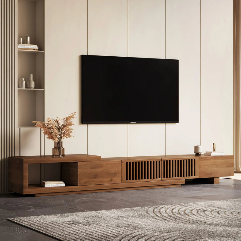 Retractable Grid TV Cabinet Walnut 198.12-261.62 cm Extension Modern Living Room Furniture with 2 Drawers 2 Storage, Home Entertainment Unit, Media Console, Stylish Cabinet, Sleek Furniture, Durable Hardwood, Sturdy Build, Sp by House Of Avana