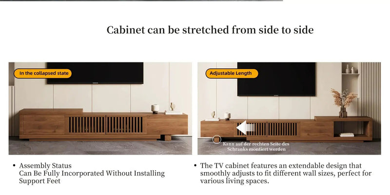 Retractable Grid TV Cabinet Walnut 198.12-261.62 cm Extension Modern Living Room Furniture with 2 Drawers 2 Storage, Home Entertainment Unit, Media Console, Stylish Cabinet, Sleek Furniture, Durable Hardwood, Sturdy Build, Sp by House Of Avana