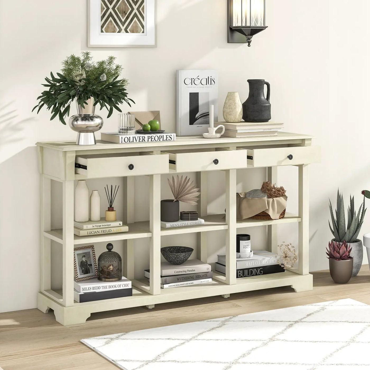 58 Inch Retro Console Table with 3 Drawers and Open Shelves Rectangular Entryway Table by DirectDeals