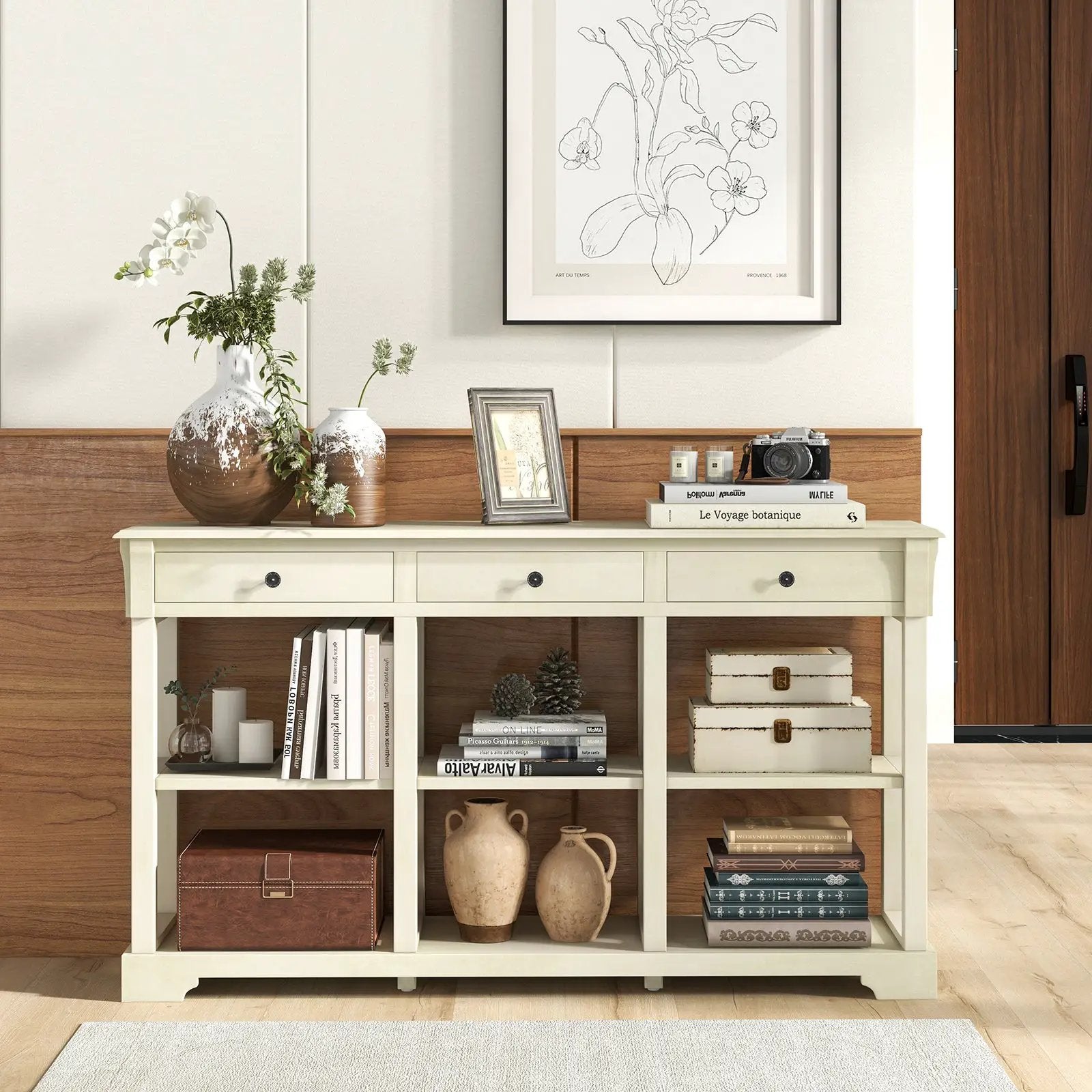 58 Inch Retro Console Table with 3 Drawers and Open Shelves Rectangular Entryway Table by DirectDeals