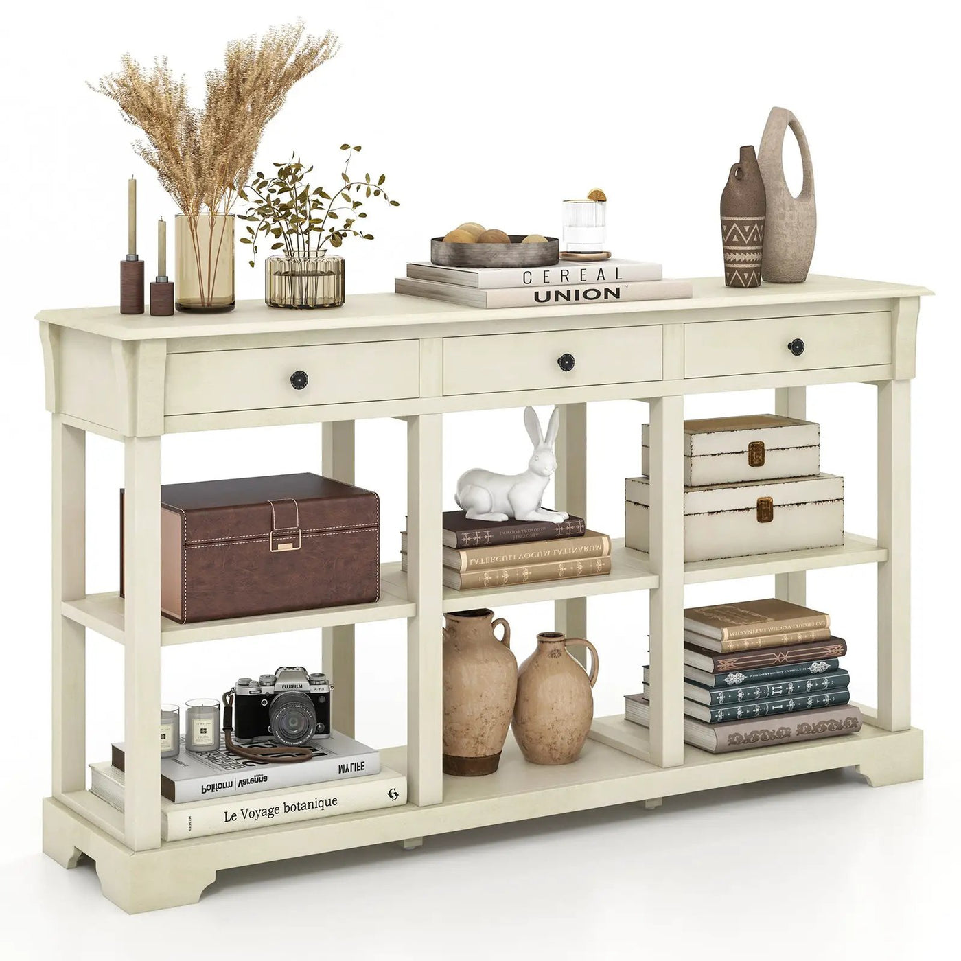 58 Inch Retro Console Table with 3 Drawers and Open Shelves Rectangular Entryway Table by DirectDeals