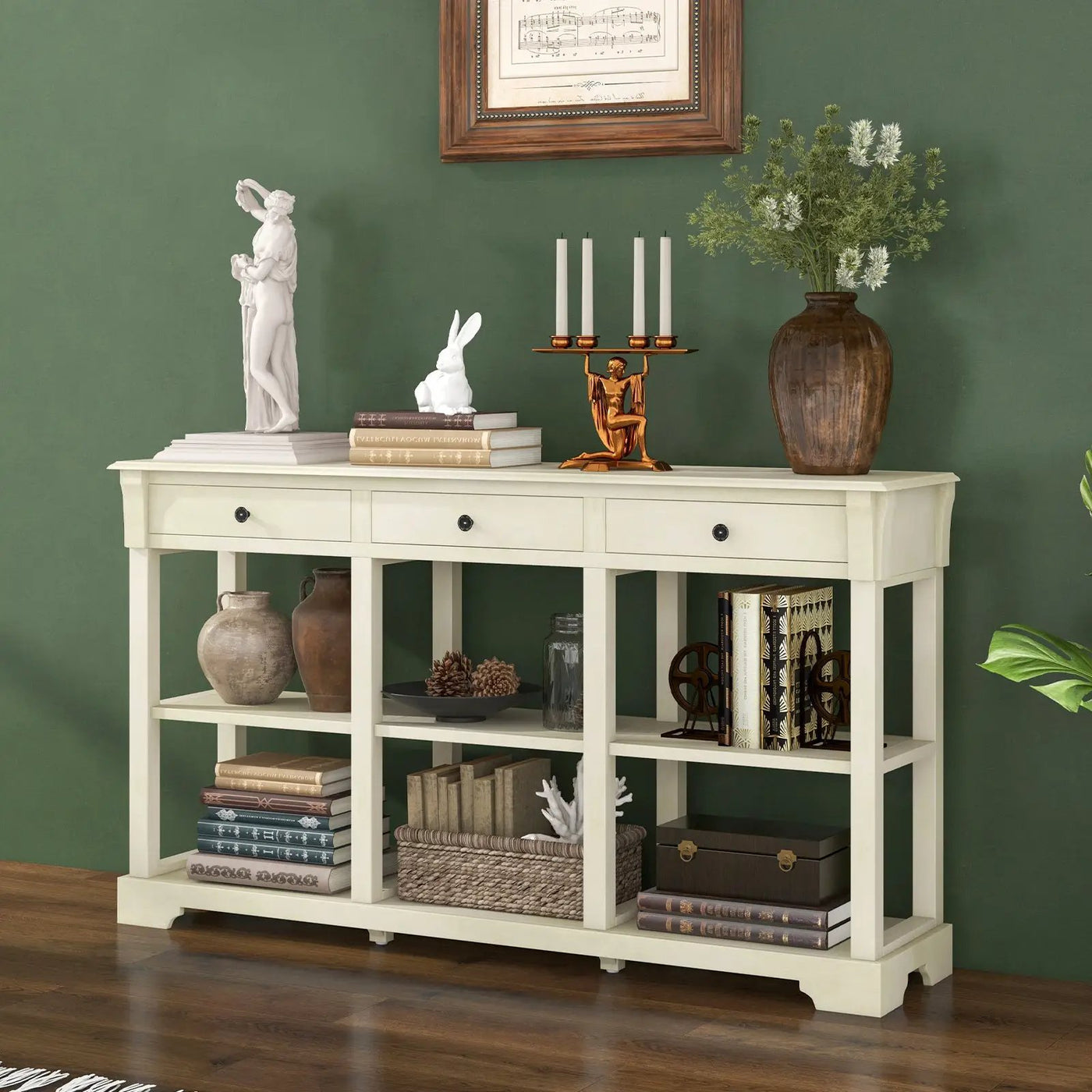 58 Inch Retro Console Table with 3 Drawers and Open Shelves Rectangular Entryway Table by DirectDeals