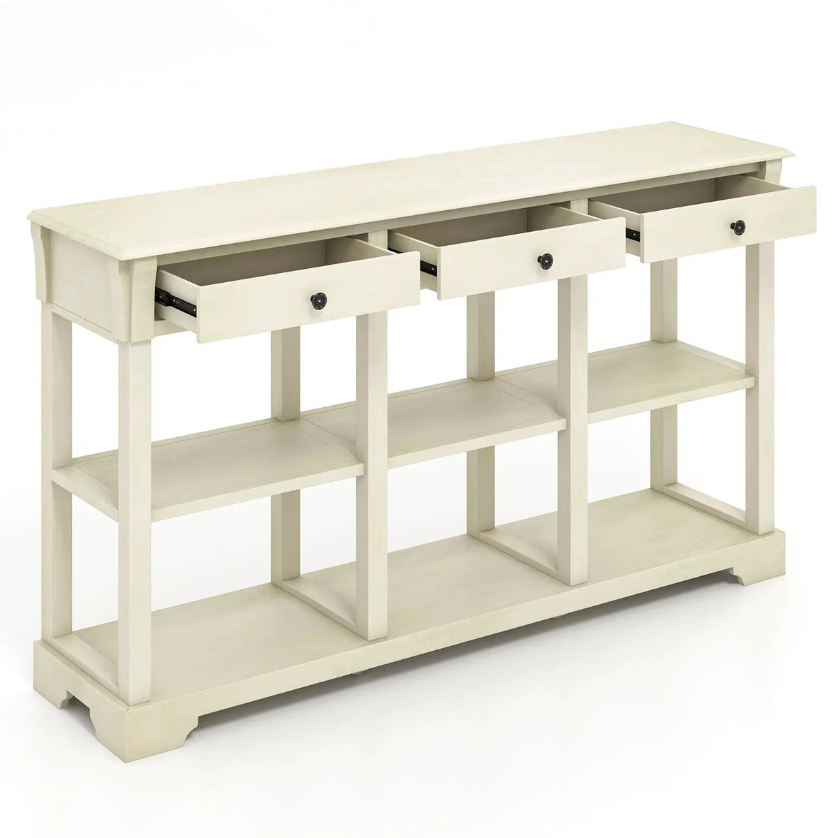 58 Inch Retro Console Table with 3 Drawers and Open Shelves Rectangular Entryway Table by DirectDeals