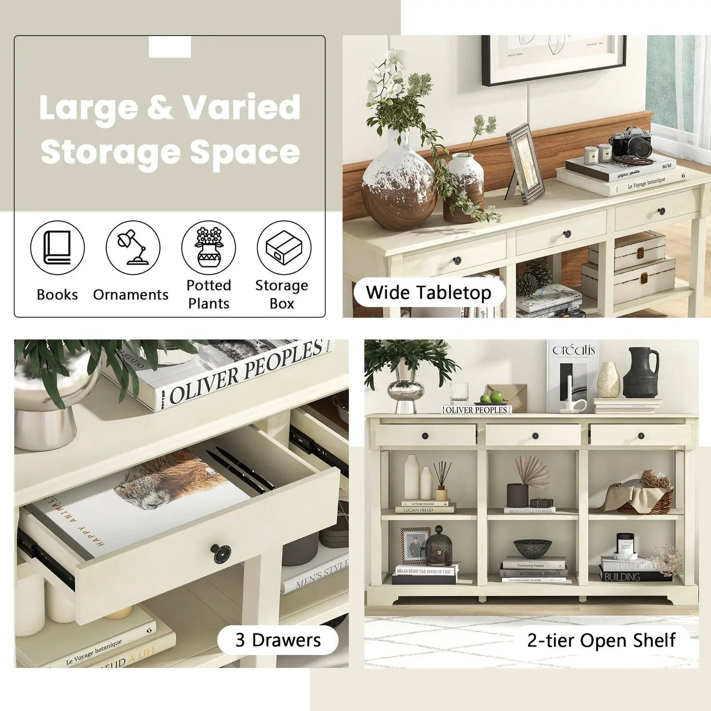 58 Inch Retro Console Table with 3 Drawers and Open Shelves Rectangular Entryway Table by DirectDeals