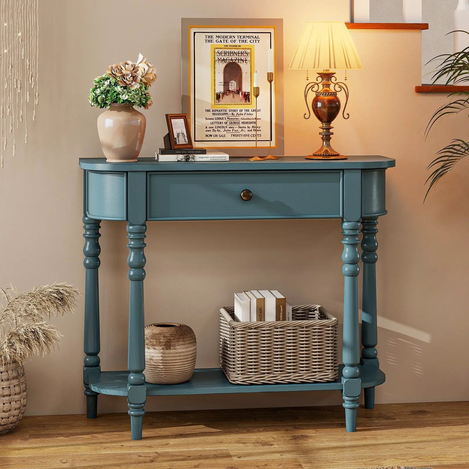 Retro Console Table 36"L Wooden 2-Tier Narrow Behind Couch Foyer Table by DirectDeals