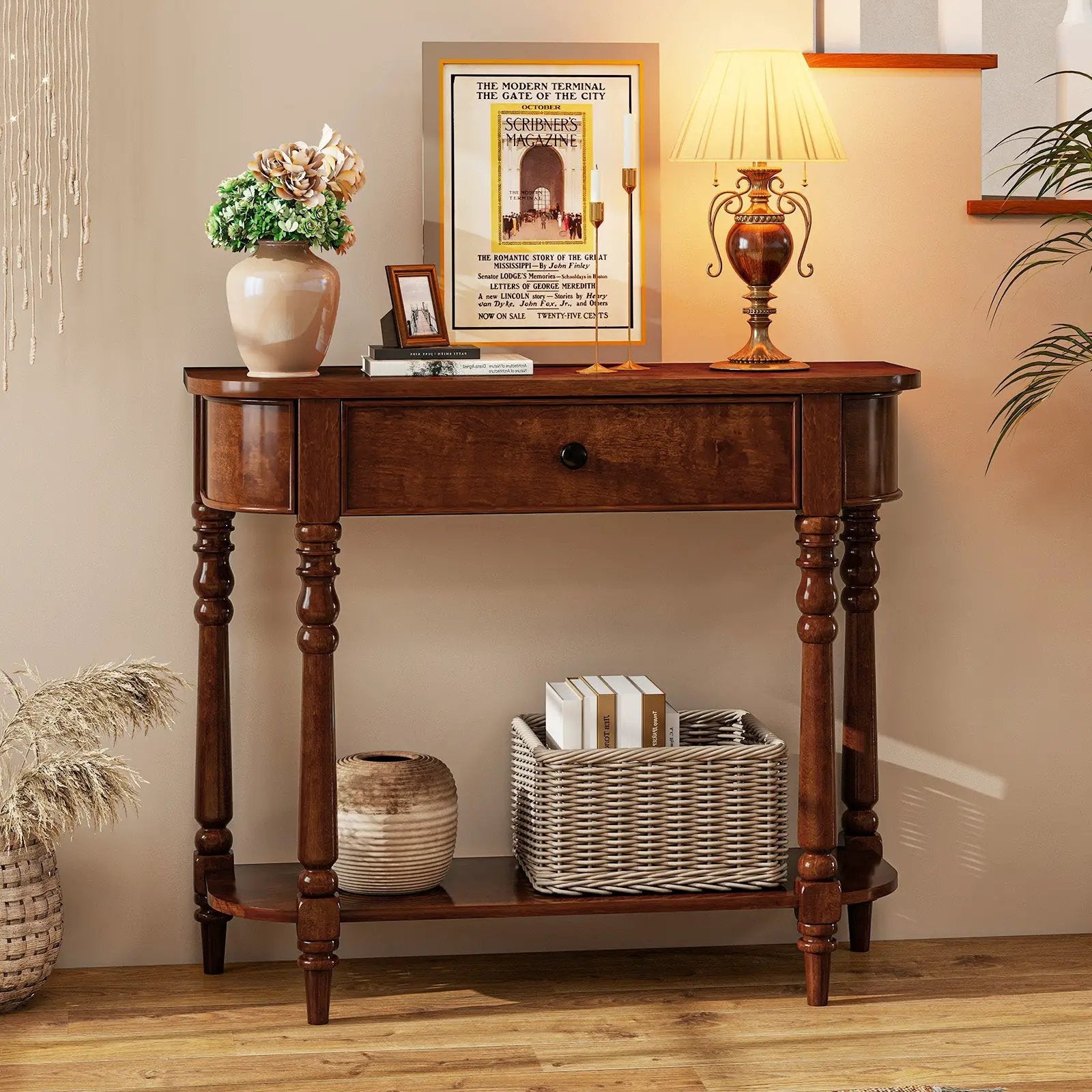 Retro Console Table 36"L Wooden 2-Tier Narrow Behind Couch Foyer Table by DirectDeals