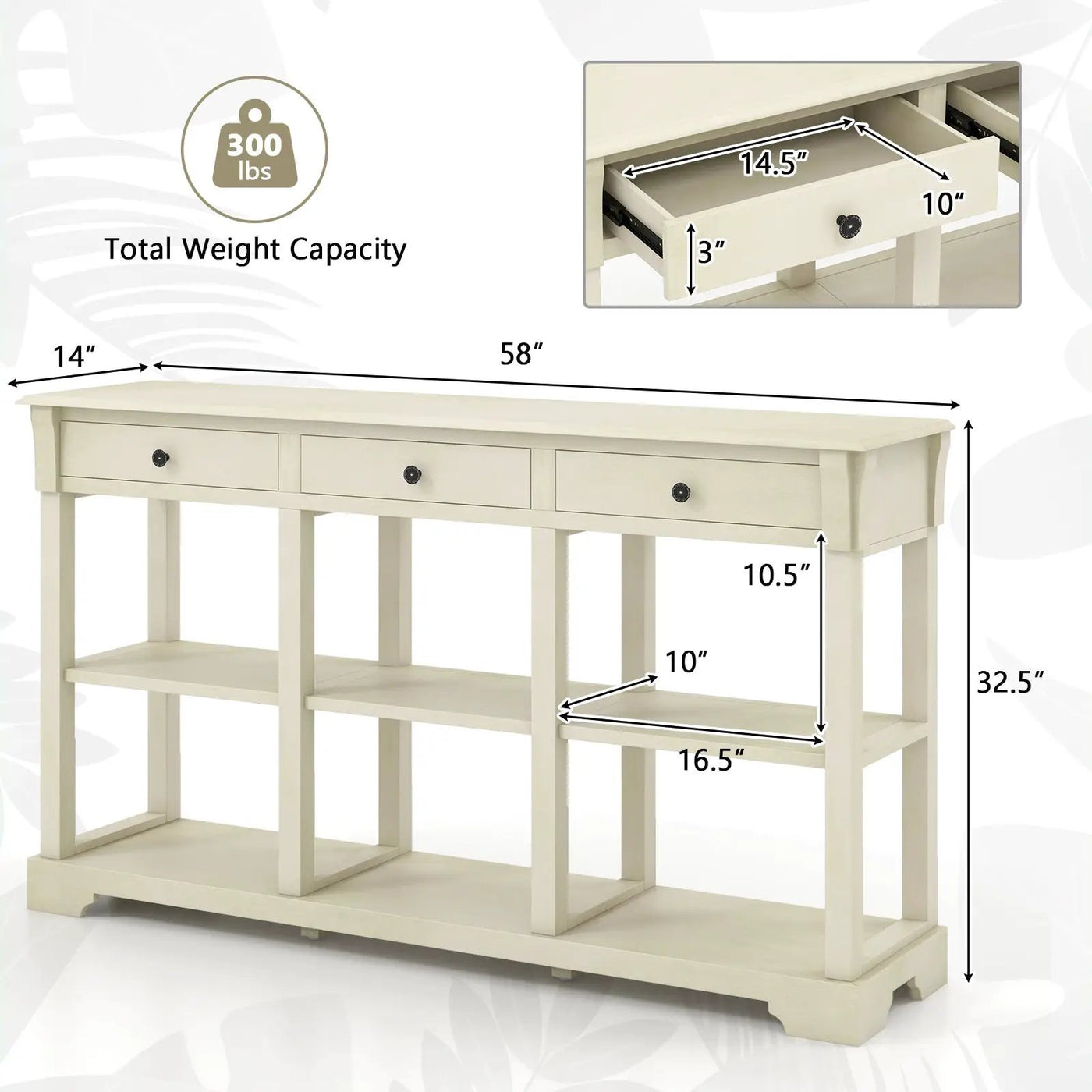 58 Inch Retro Console Table with 3 Drawers and Open Shelves Rectangular Entryway Table by DirectDeals