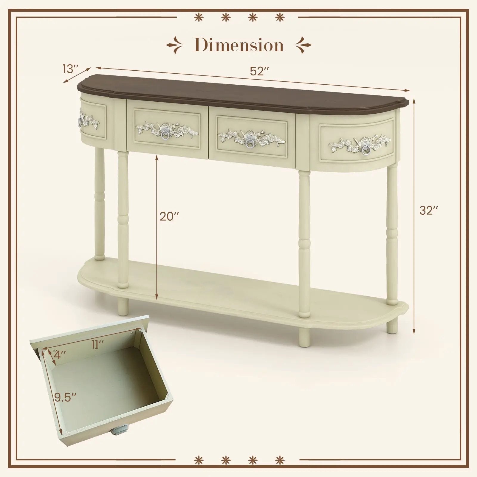 Retro Curved Console Table with Drawers and Solid Wood Legs-Beige by DirectDeals