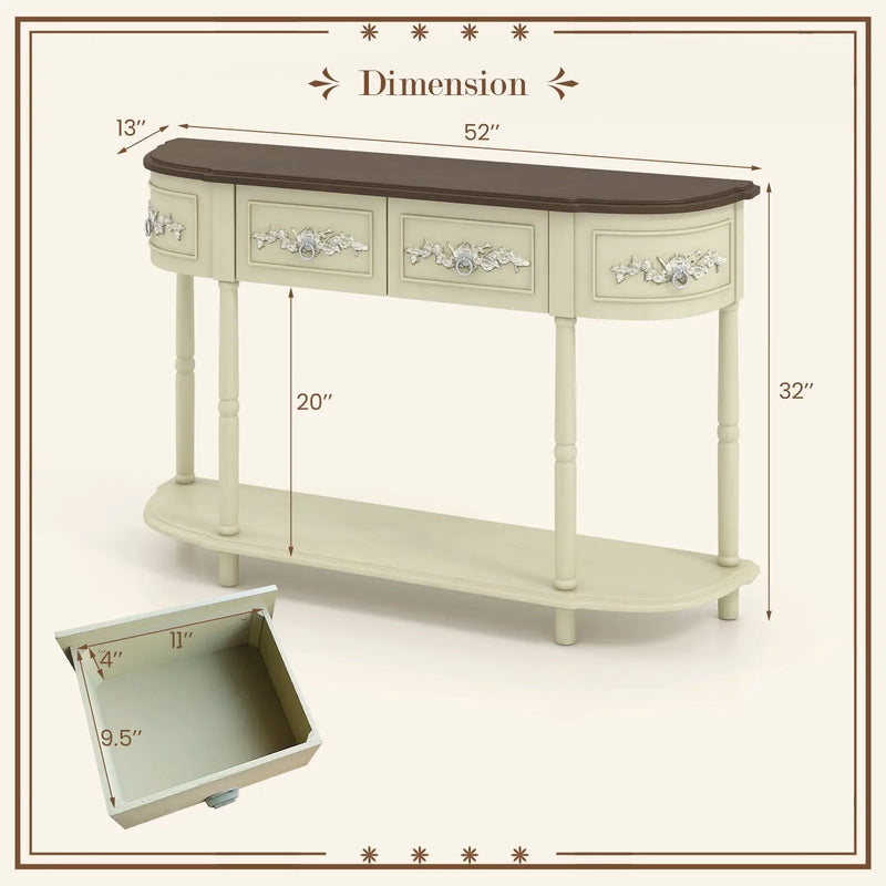 Retro Curved Console Table with Drawers and Solid Wood Legs-Beige by DirectDeals