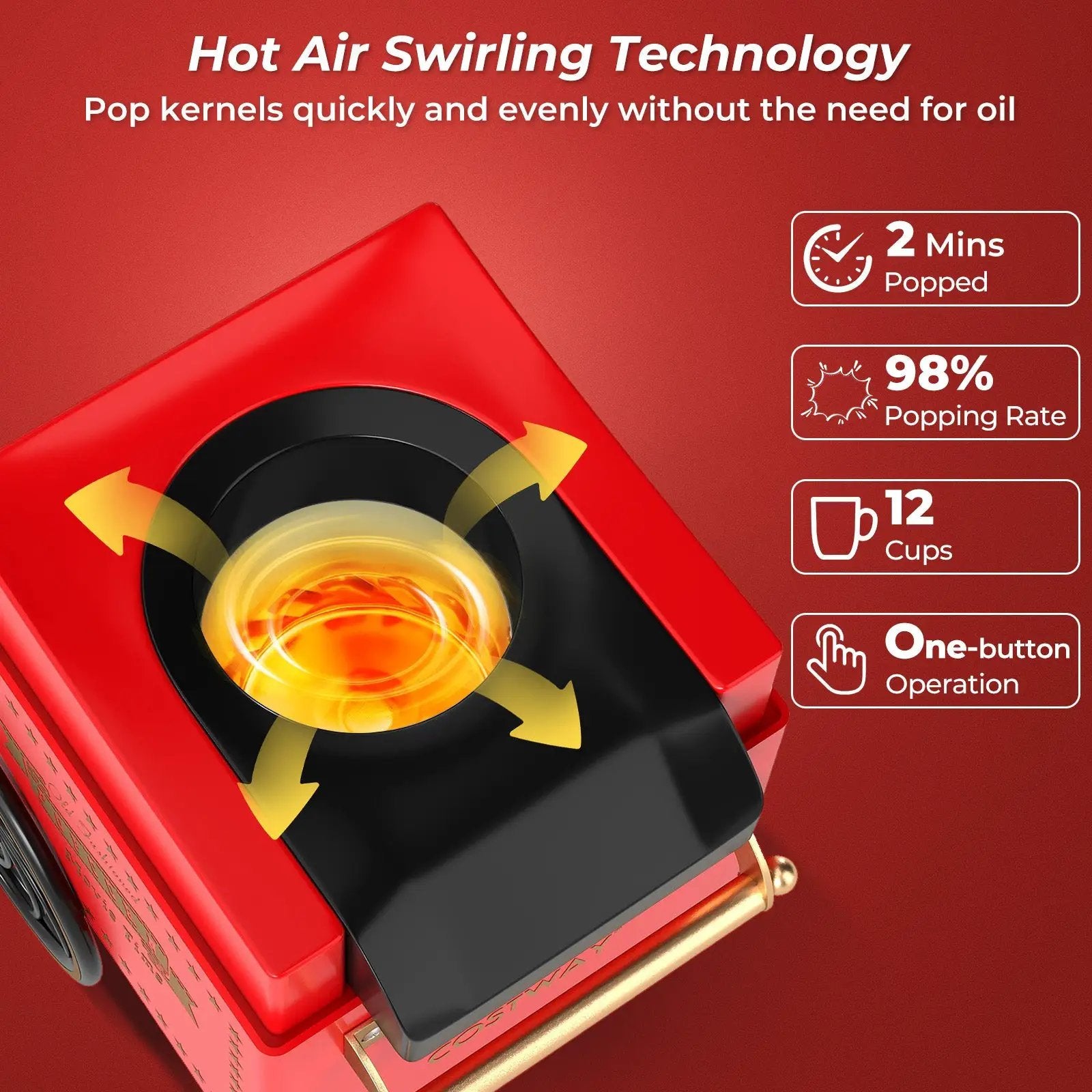 Retro Hot Air Popcorn Maker 1200W with Kernel Measuring Cup-Red by DirectDeals