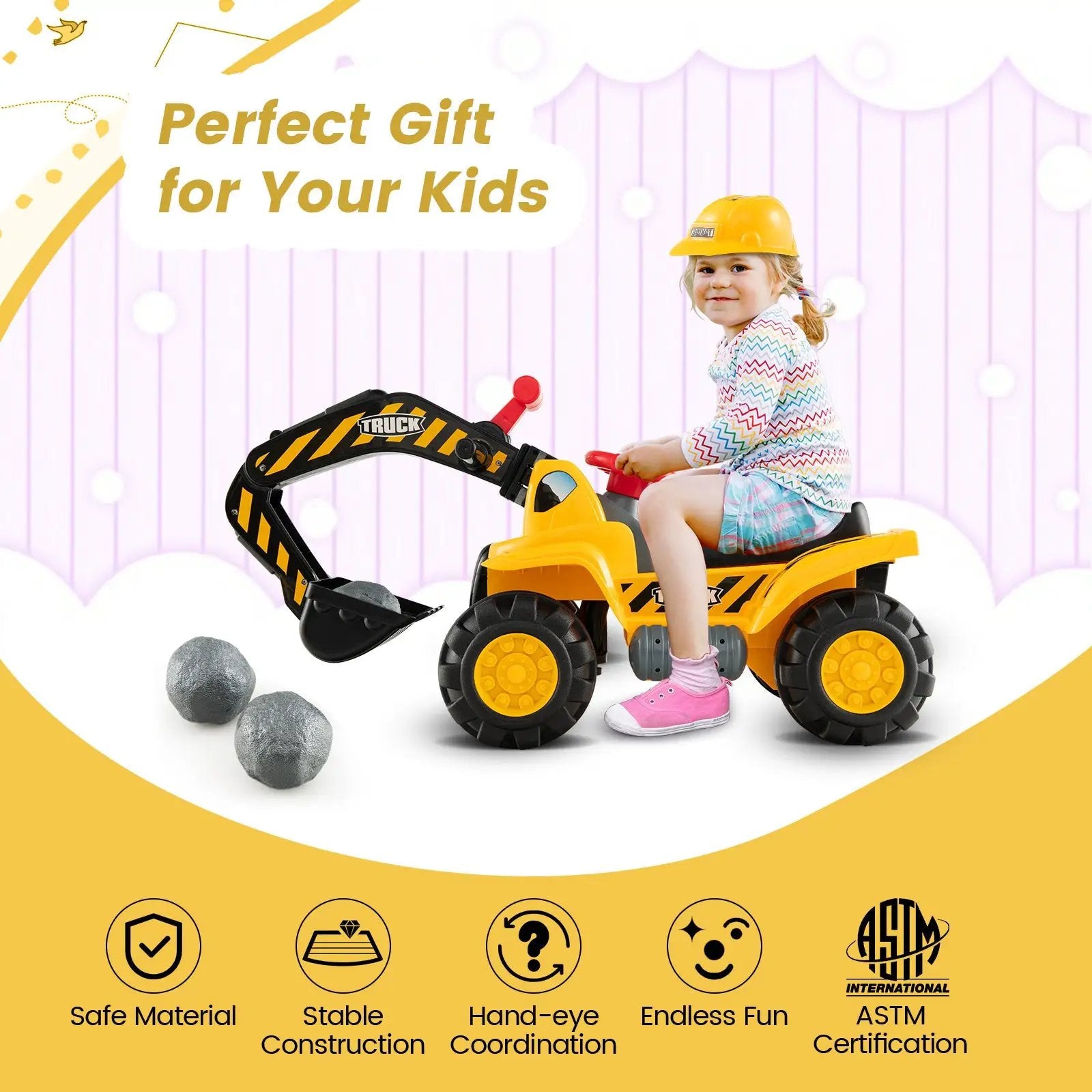 Ride on Push Car Bulldozer Digger Toy with Safety Helmet and Working Shovel by DirectDeals