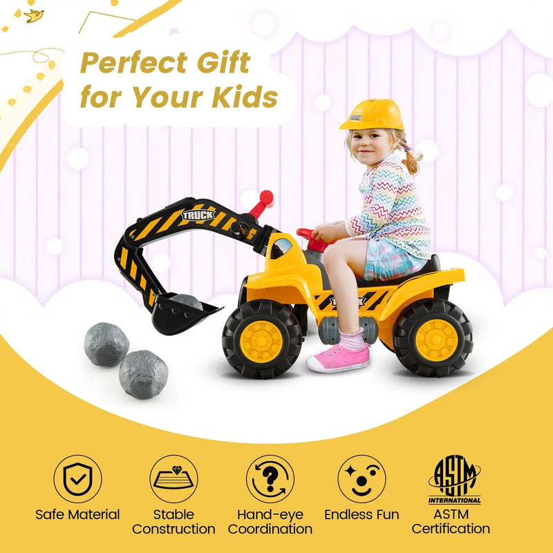 Ride on Push Car Bulldozer Digger Toy with Safety Helmet and Working Shovel by DirectDeals