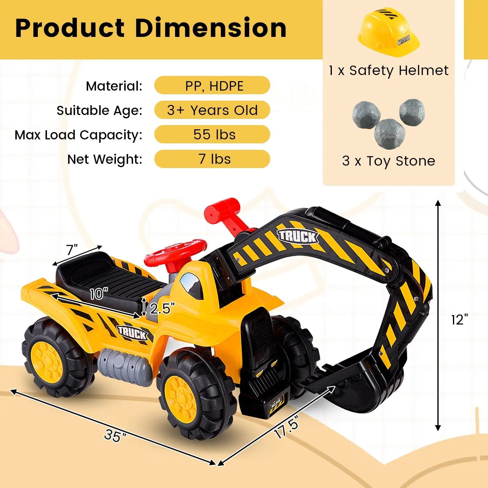 Ride on Push Car Bulldozer Digger Toy with Safety Helmet and Working Shovel by DirectDeals