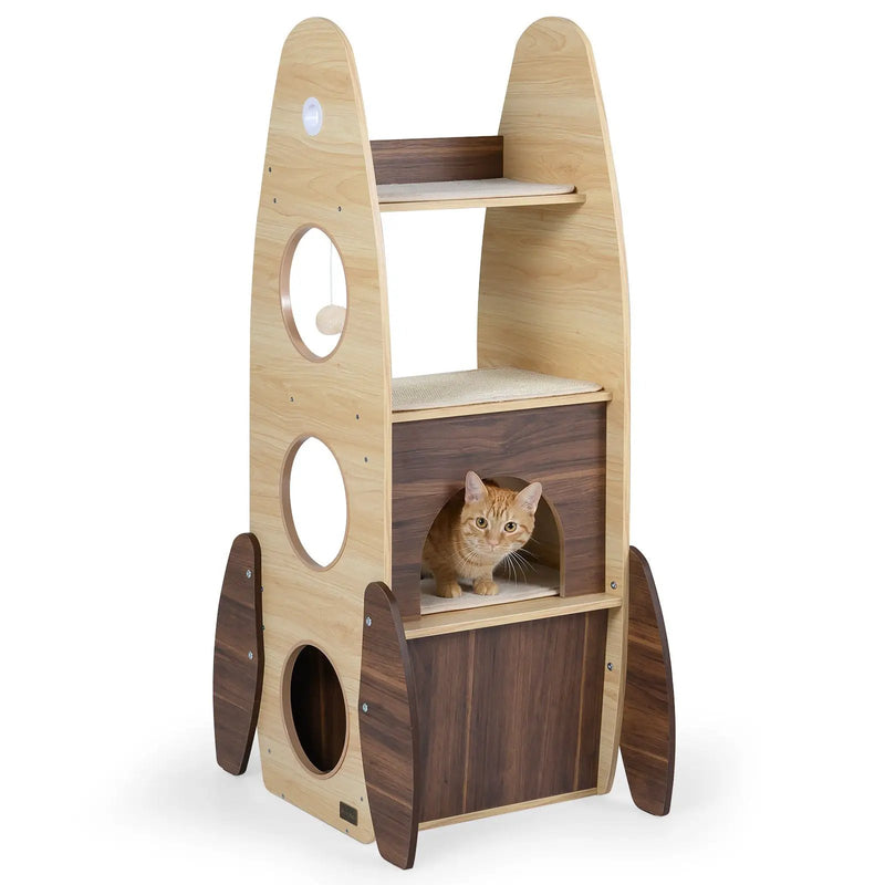 Rocket Cat Tree 47 Inch Large Wooden Cat Tower for Indoor Cats-Natural by DirectDeals