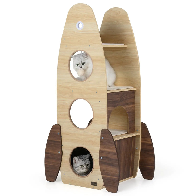 Rocket Cat Tree 47 Inch Large Wooden Cat Tower for Indoor Cats-Natural by DirectDeals