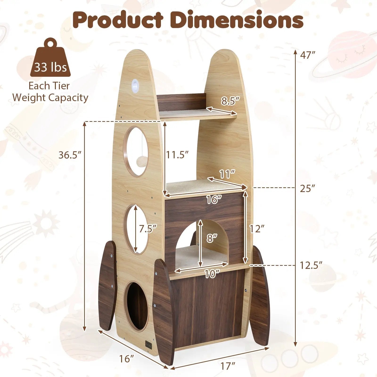 Rocket Cat Tree 47 Inch Large Wooden Cat Tower for Indoor Cats-Natural by DirectDeals
