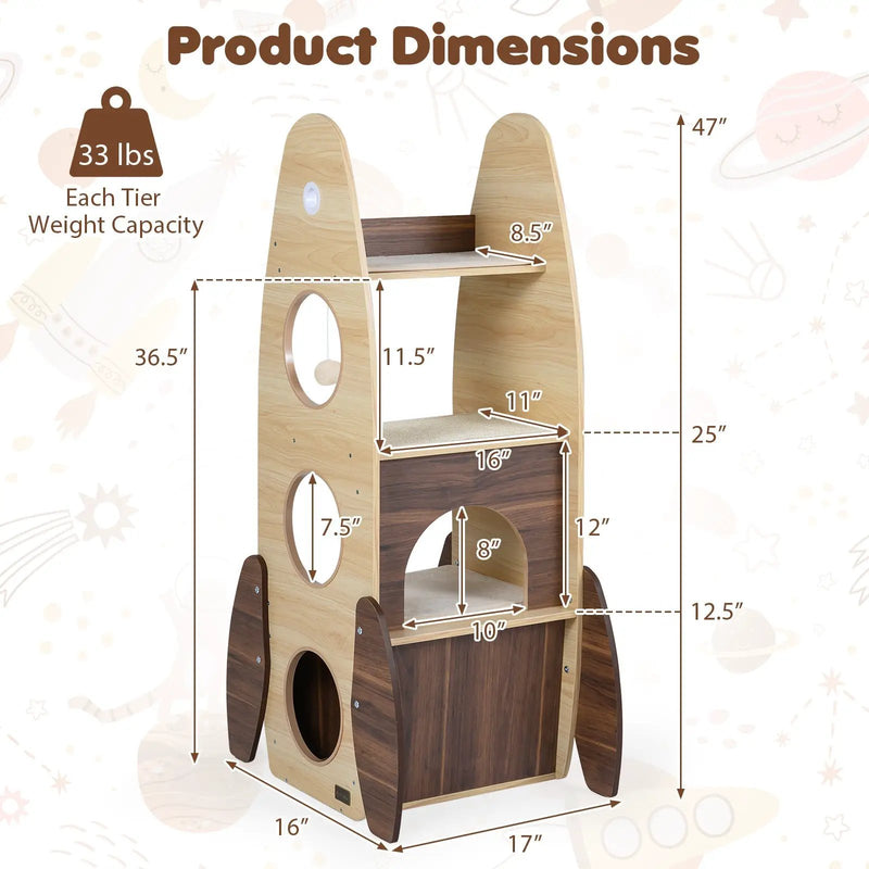 Rocket Cat Tree 47 Inch Large Wooden Cat Tower for Indoor Cats-Natural by DirectDeals